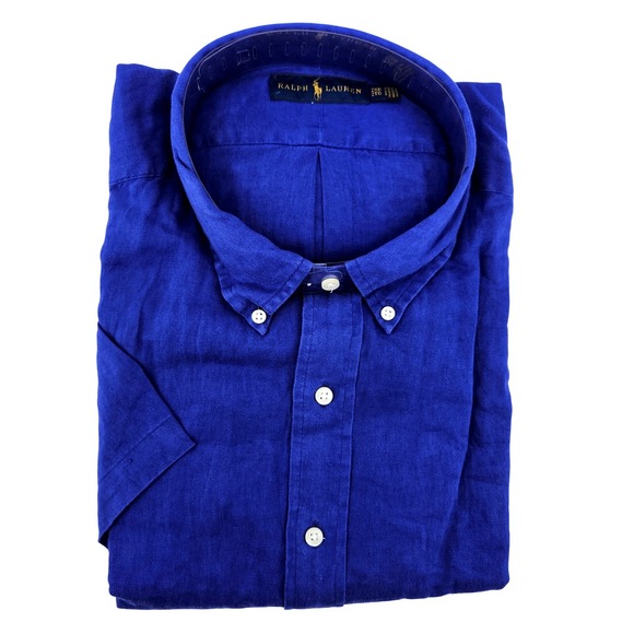 Ralph‎ Lauren Men's 2XB Linen Short Sleeve Button Down Shirt Royal Blue
